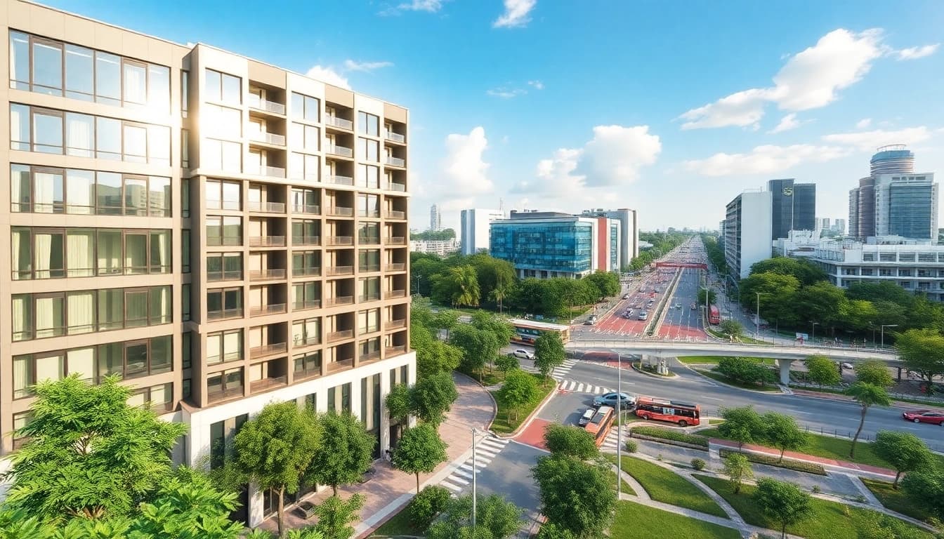 View of the Tampines St 95 EC development site showcasing modern architecture and lush environment.