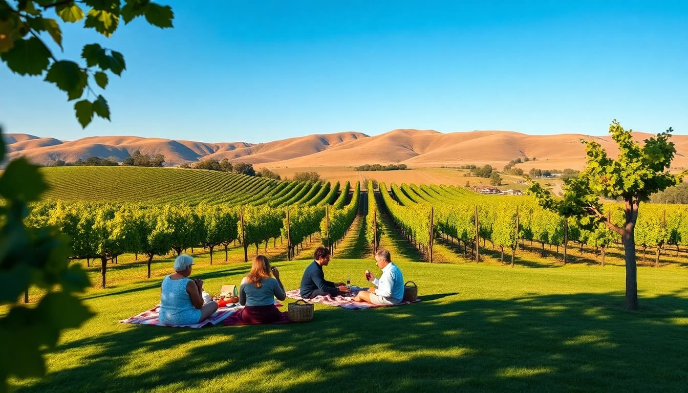 Engaging locals enjoying a picnic amidst the picturesque vineyards of Clarksburg, CA.