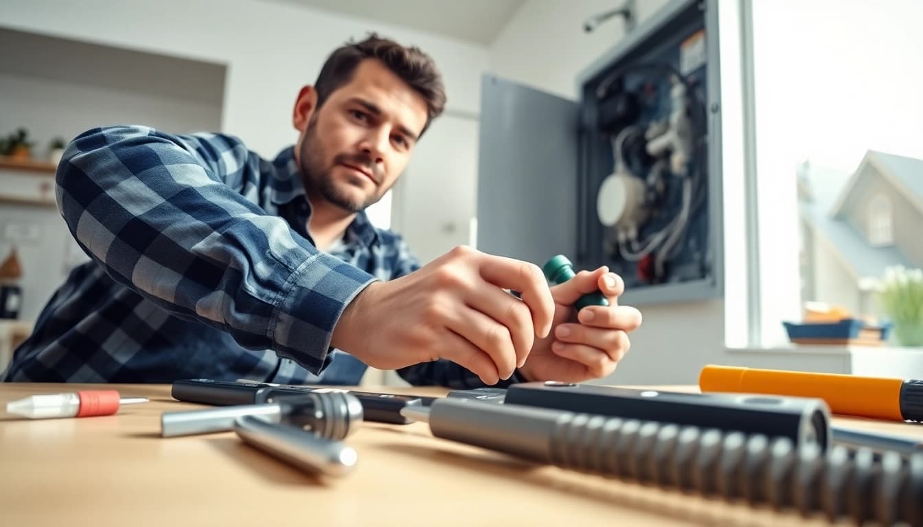 Skilled electrician lower north shore repairing a residential electrical panel in a well-lit home.