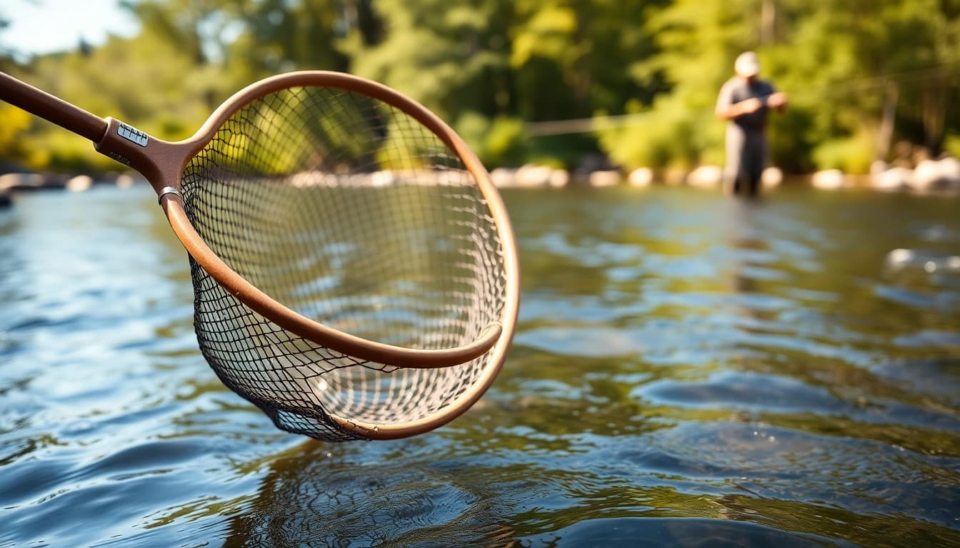 Check out this fly fishing net showcasing fine craftsmanship under natural sunlight in a serene riverscape.