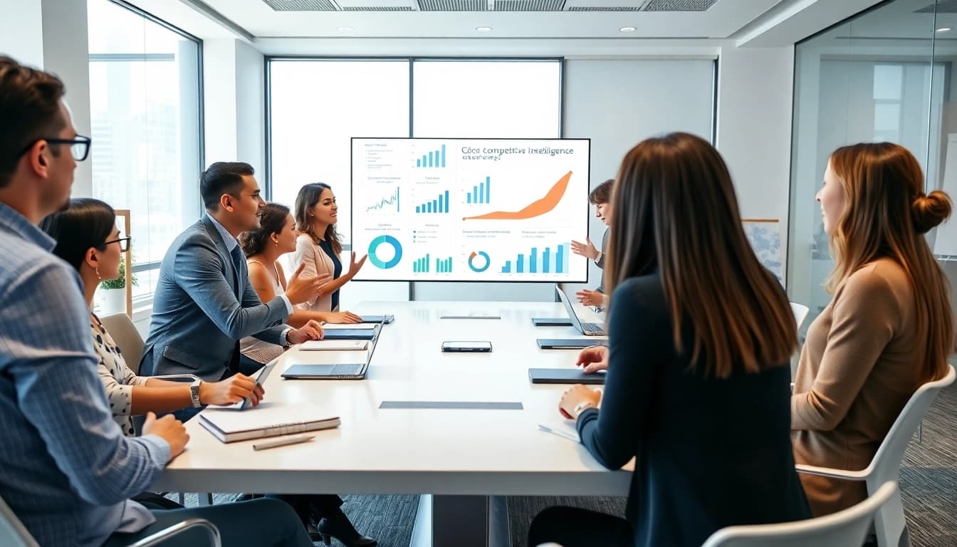 Engaging discussion on competitive intelligence FAQs in a modern office.