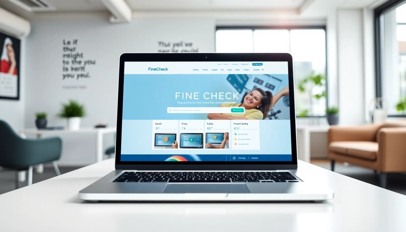 Check traffic fines easily with https://finecheck.cy displayed on a laptop in an office setting.