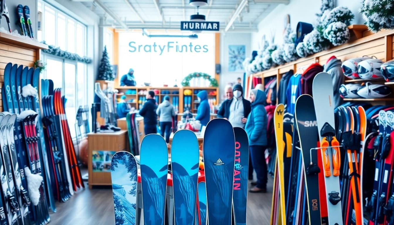 Ski shop showcasing a variety of equipment and apparel in a bright and inviting atmosphere.