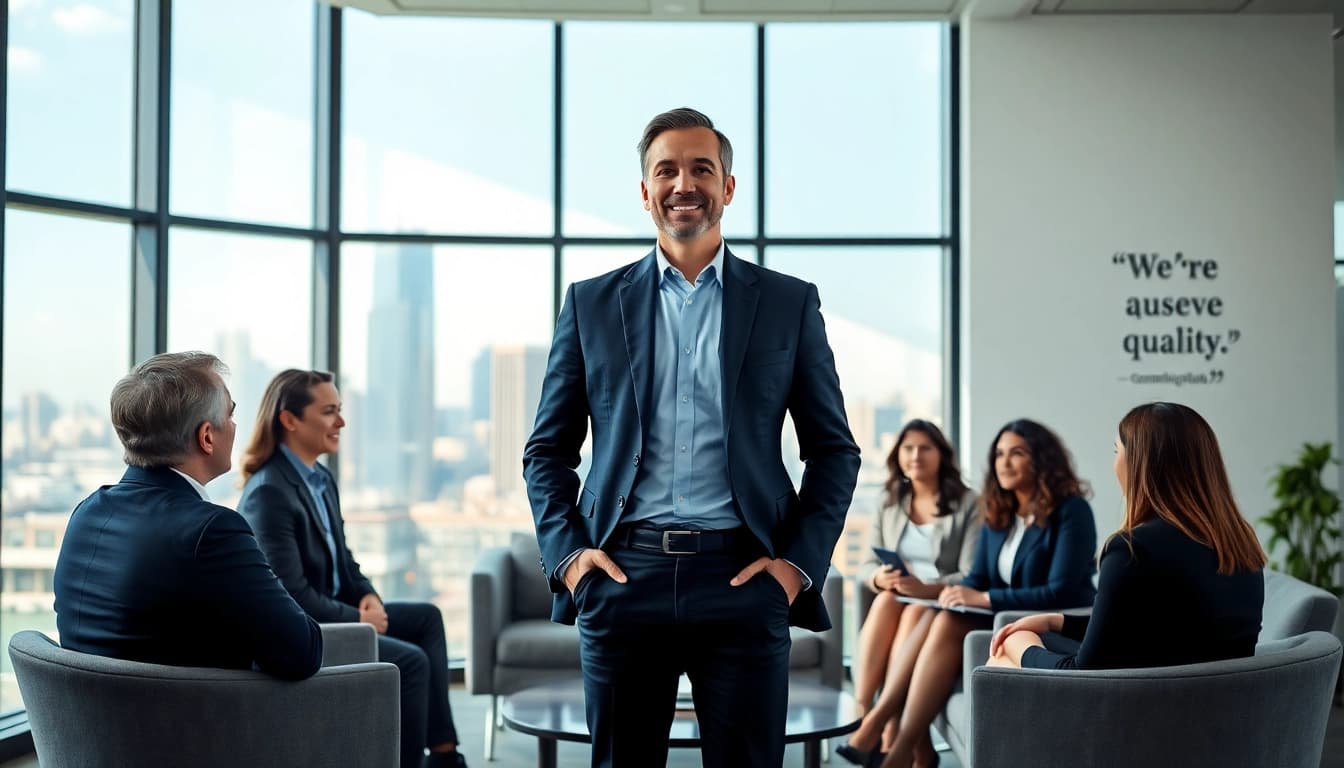 Executive Communication Coach leading a session with professionals in a modern office setting.