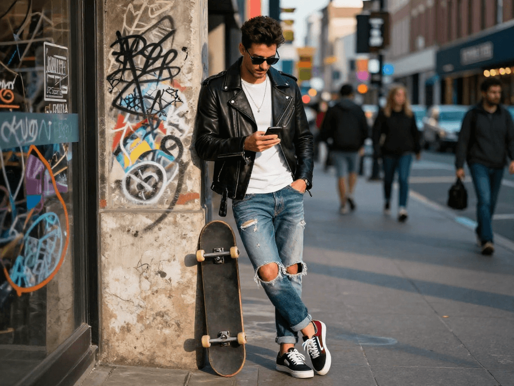 Stylish man in black men's leather jacket enjoying urban street life.