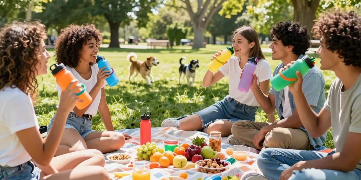 Refreshing water bottle with smell ring amidst a picnic scene in the park.