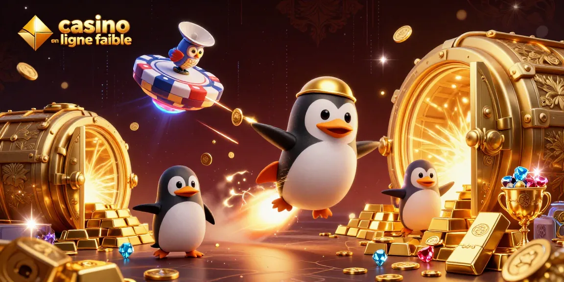 Plongée dans l'univers des jeux avec un casino en ligne fiable, illustré par un pingouin doré fantastique.