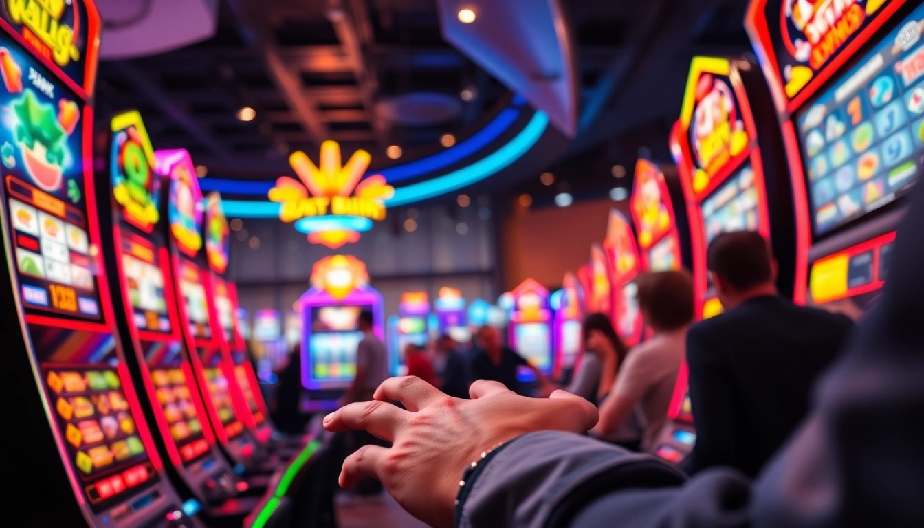 Mostbet onlayn oyunlar, rəngli slot maşınları və müştərilərlə dolu kasinonun dinamik mənzərəsi.