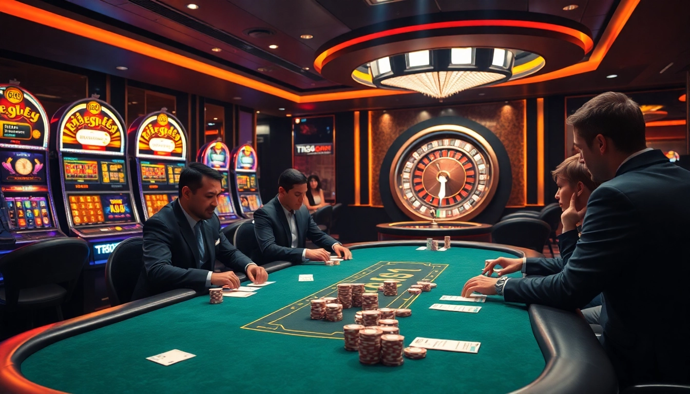 Players strategizing at a vibrant casino poker table featuring TR88-themed chips.