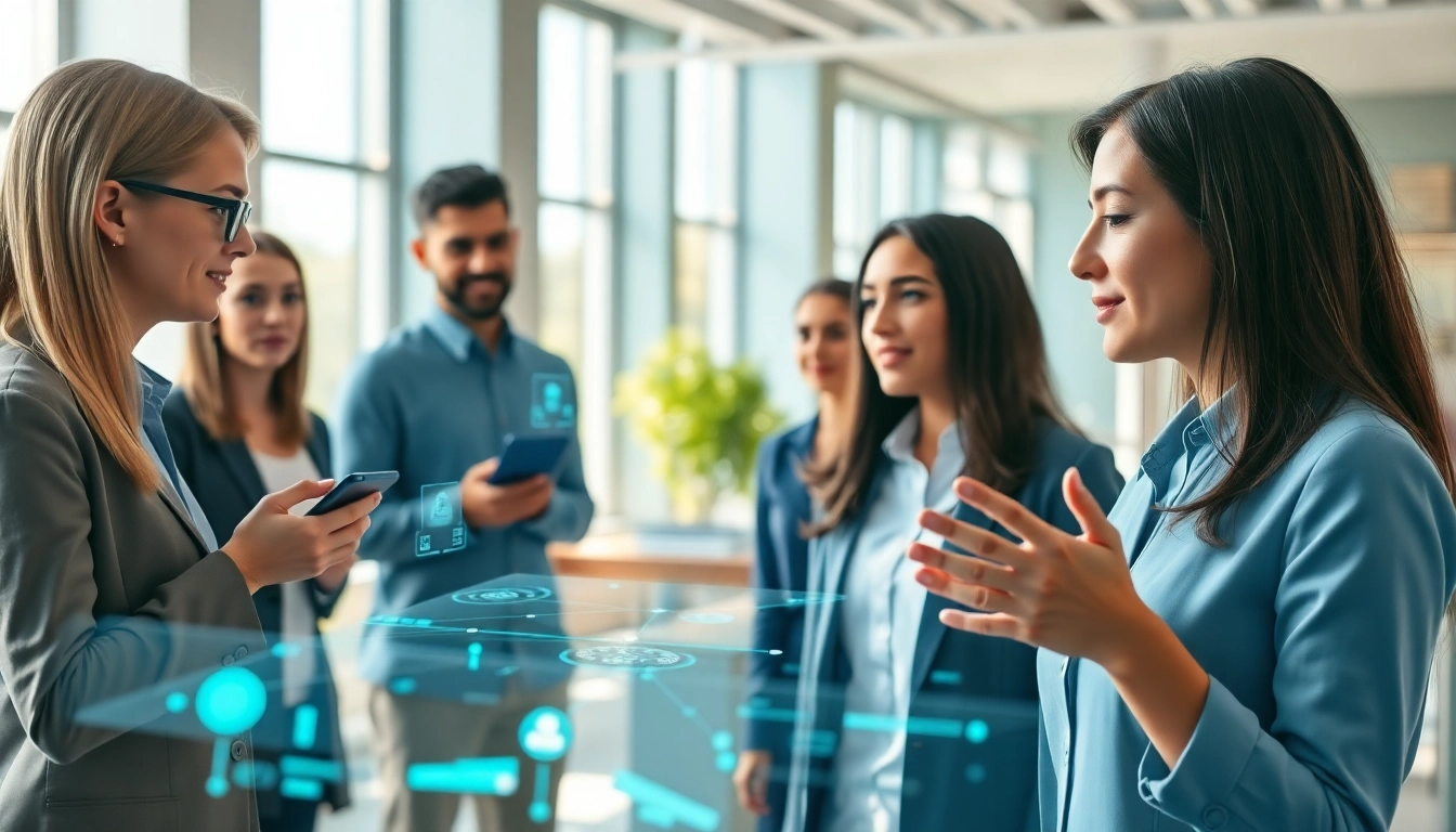 Showcasing an enterprise ai assistant engaging users in a modern office setting, emphasizing productivity.