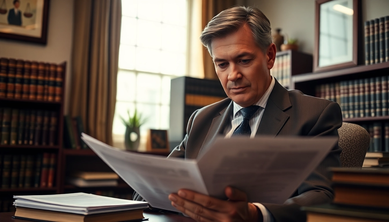 Asheville DWI defense lawyer reviewing legal documents in an office, exuding professionalism.