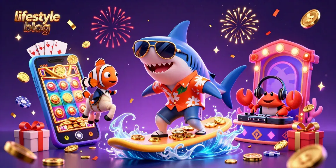 Engaging lifestyle blog illustration with a hammer-head shark enjoying games, showcasing vibrant casino elements.