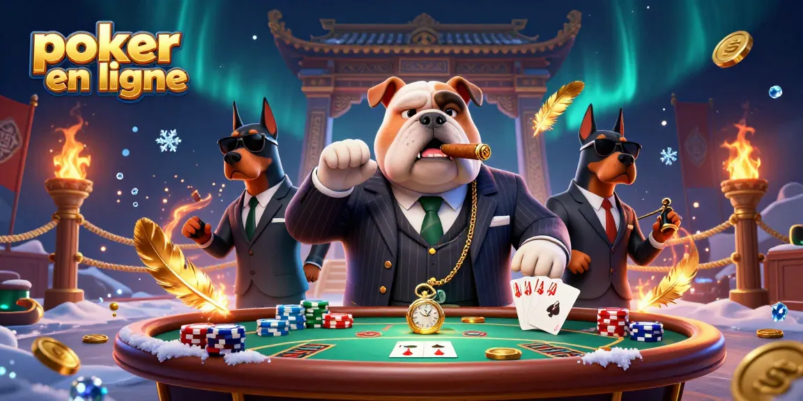 Jouer au poker en ligne avec un boss de la mafia et des Dobermans dans une scène animée en 3D.