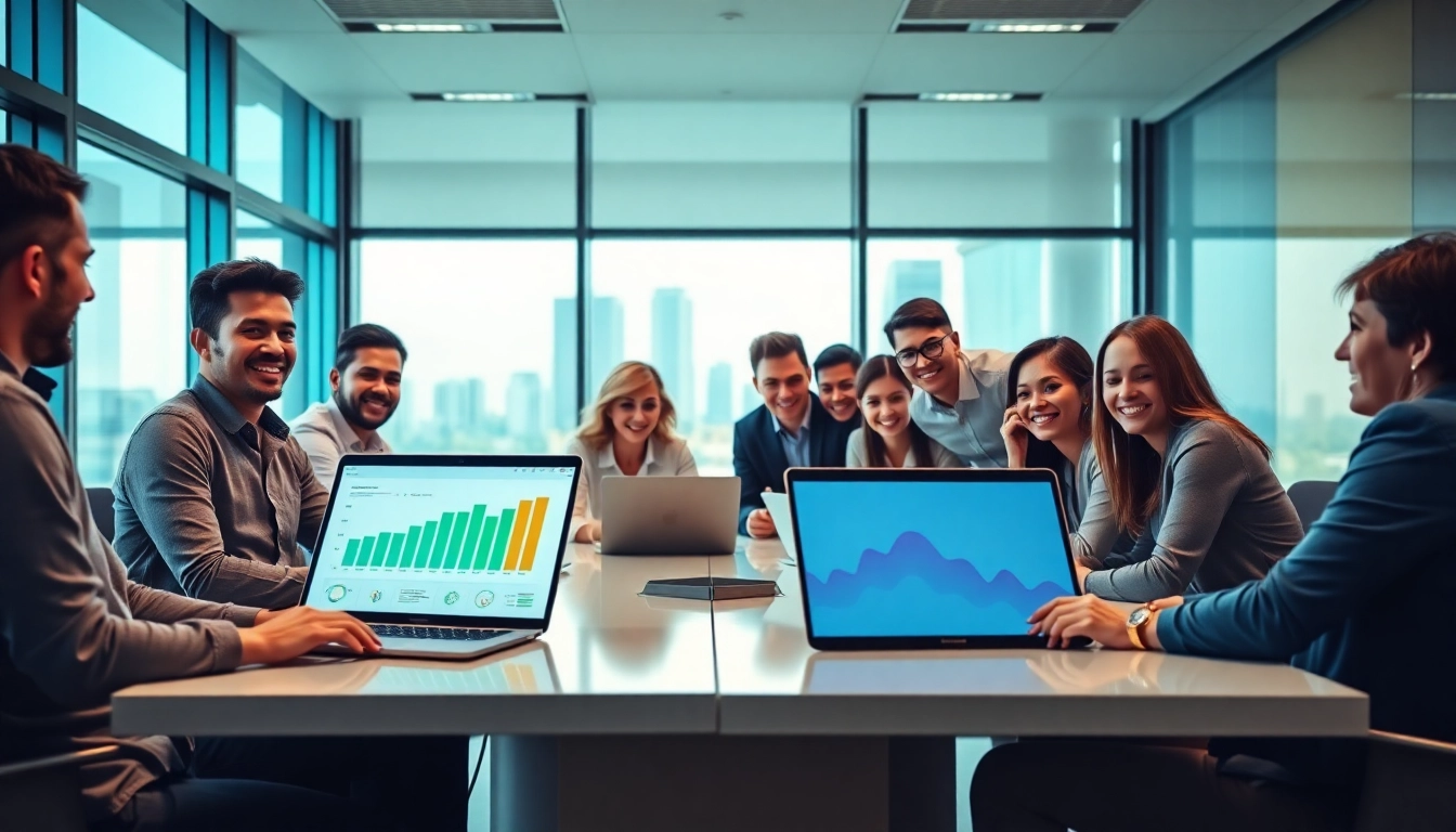 Engaging business professionals collaborating in a lively office environment.