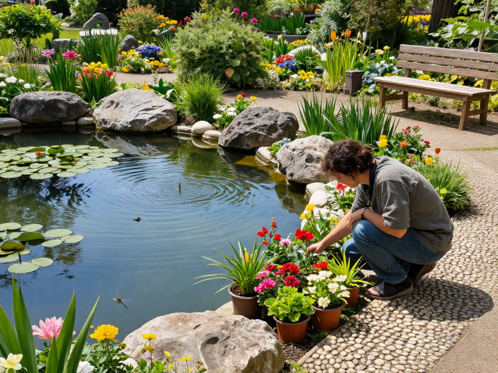 Buy Pond Plants Online: Vibrant gardener tending colorful pond plants in tranquil outdoor setting.