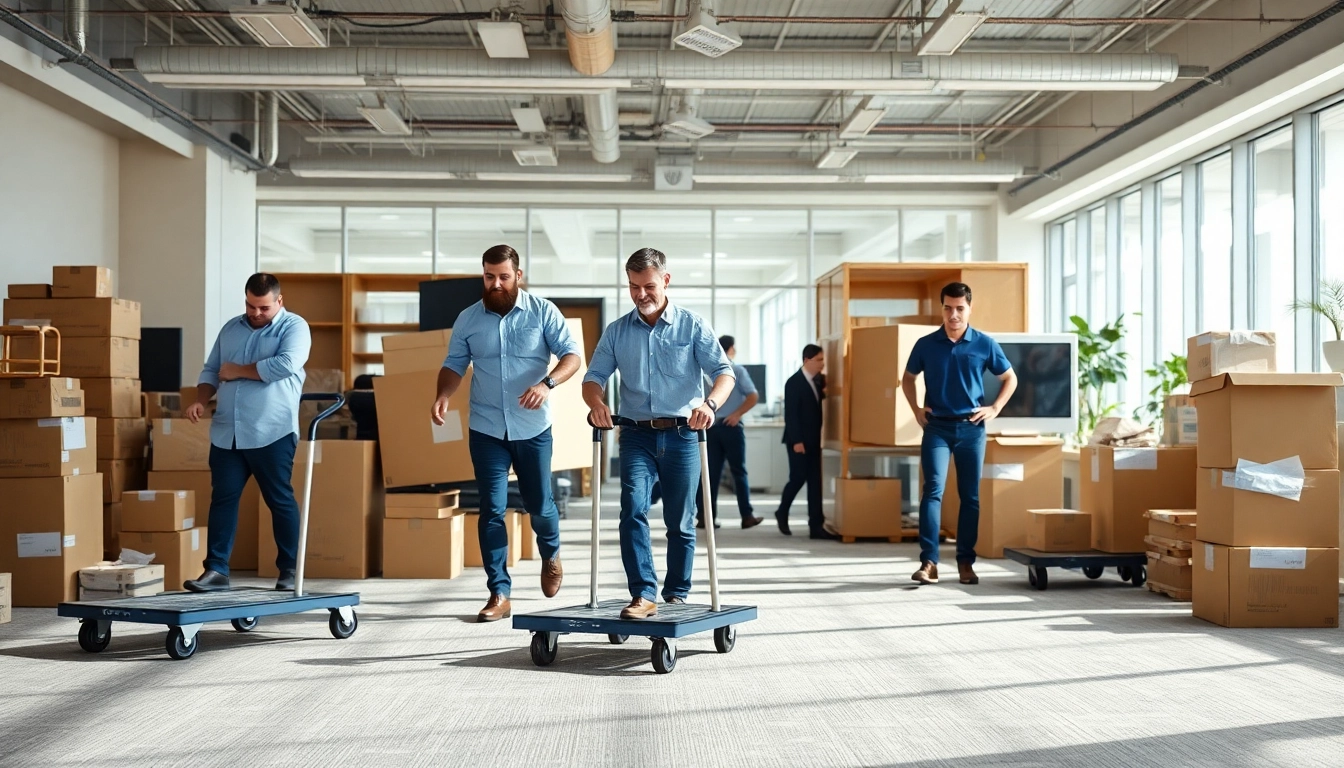 Commercial Movers actively transporting office items, showcasing teamwork and efficiency.