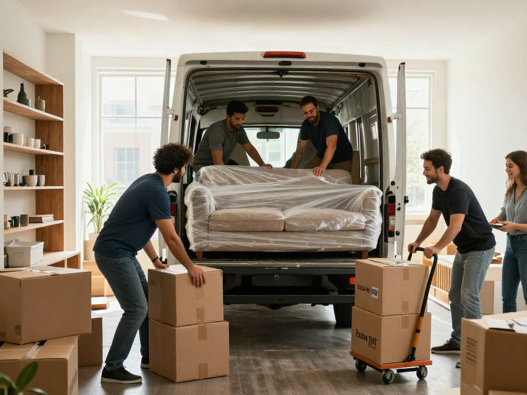 Movers packing furnishings into a truck during a home relocation, showcasing teamwork and efficiency.