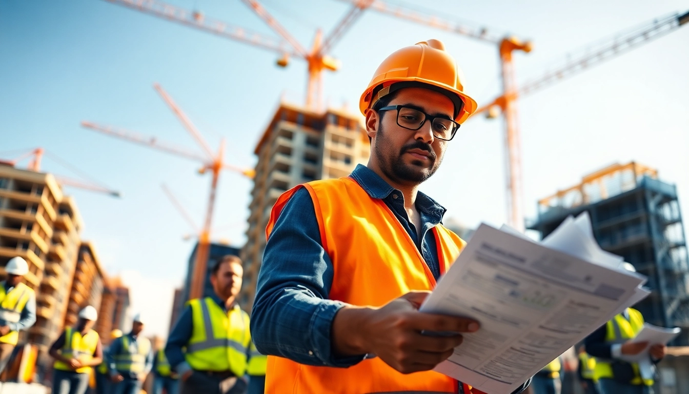 New York Construction Manager reviewing blueprints amidst a bustling urban construction site.
