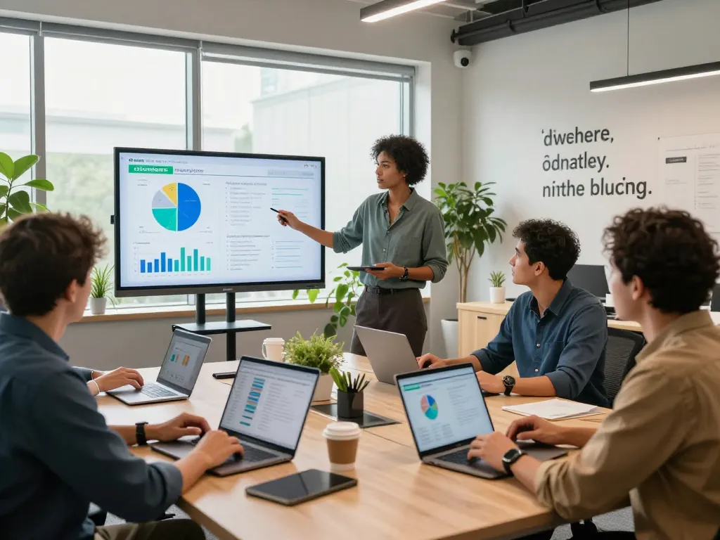 Team collaboration at Schneider Electric's innovative office workspace with charts and analytics during a strategic meeting.