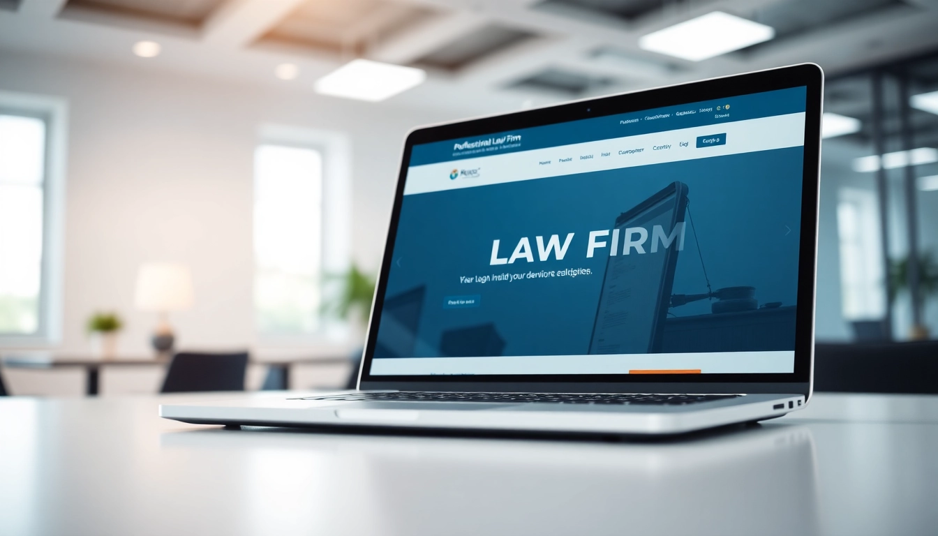 Showcase of a professional law firm website design at https://www.websites.law on a modern laptop in a bright office.