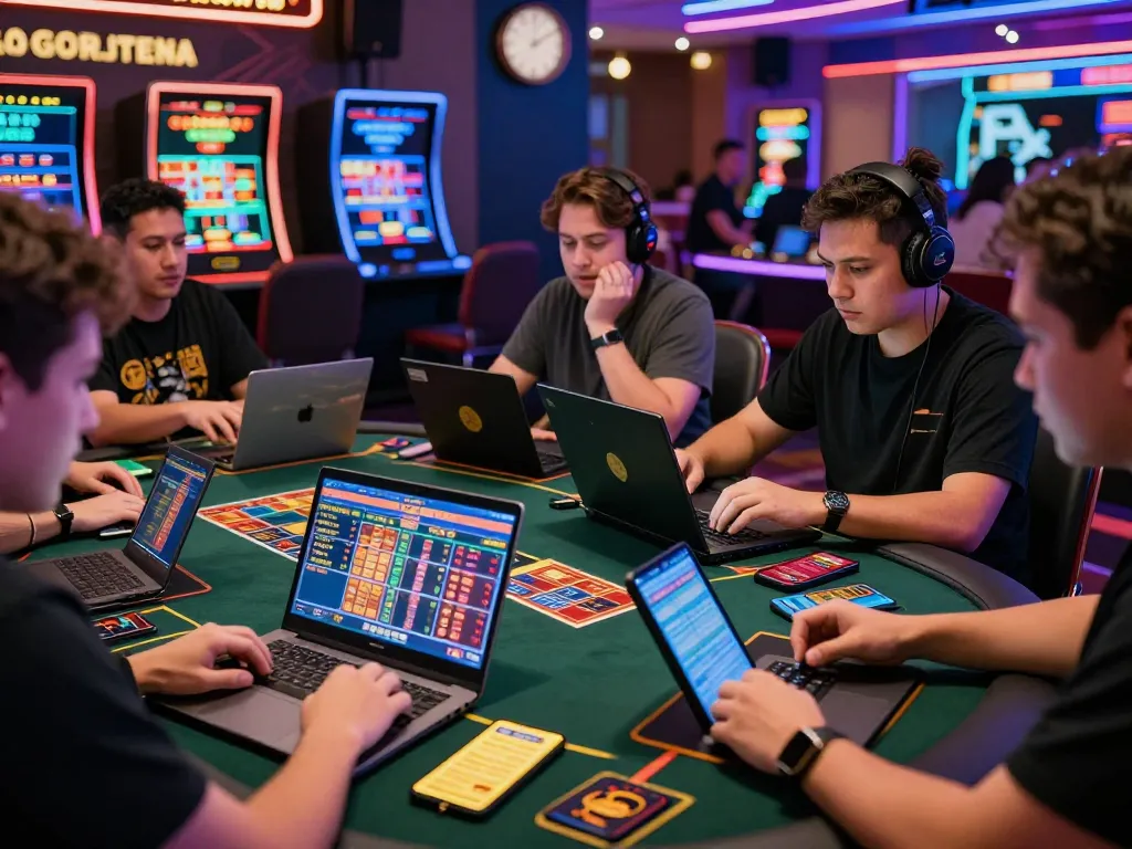 A diverse group of players engaged in Agen Togel betting online, showcasing excitement in a vibrant digital casino atmosphere.