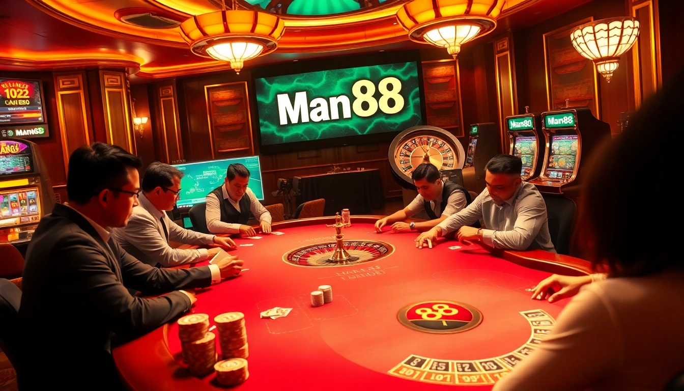 Man88 players strategizing at a vibrant casino table with poker chips and roulette.