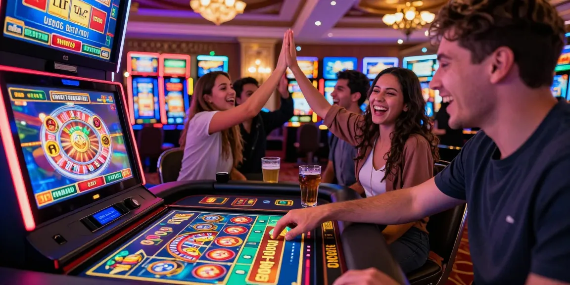 Exciting players enjoying slots where you can buy bonus in a lively casino atmosphere