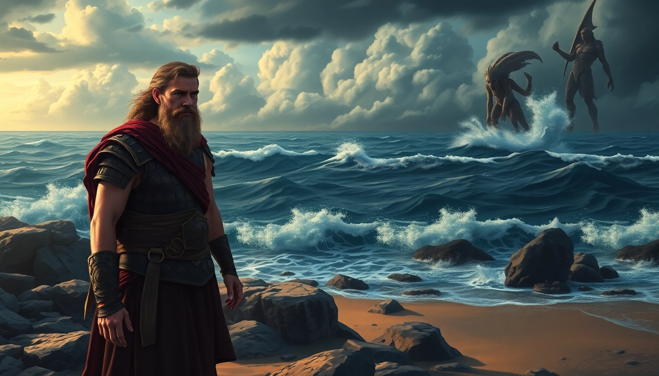 Odyssey meaning origin depicted through Odysseus on a stormy sea journey, showcasing resilience.