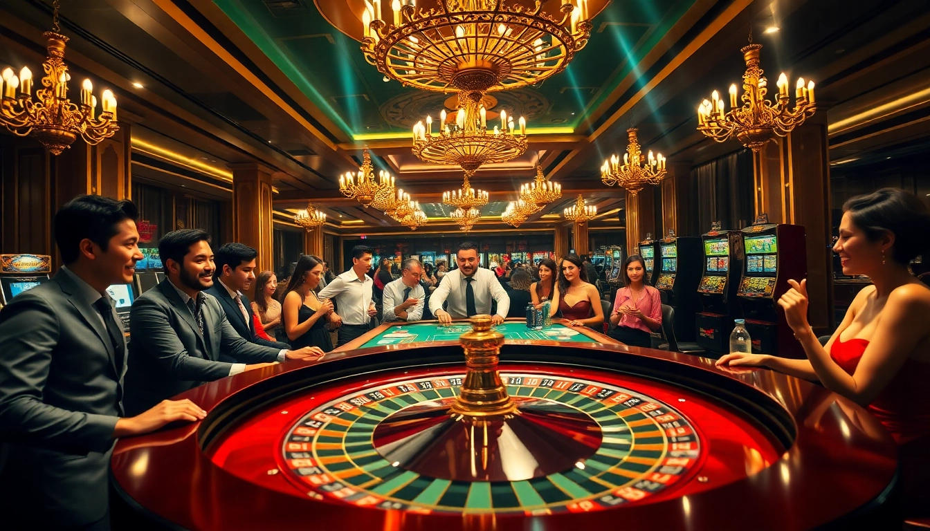 Découvrez l'excitation du meilleur casino en ligne avec des joueurs s'engageant à une table de roulette vibrante et des machines à sous colorées.