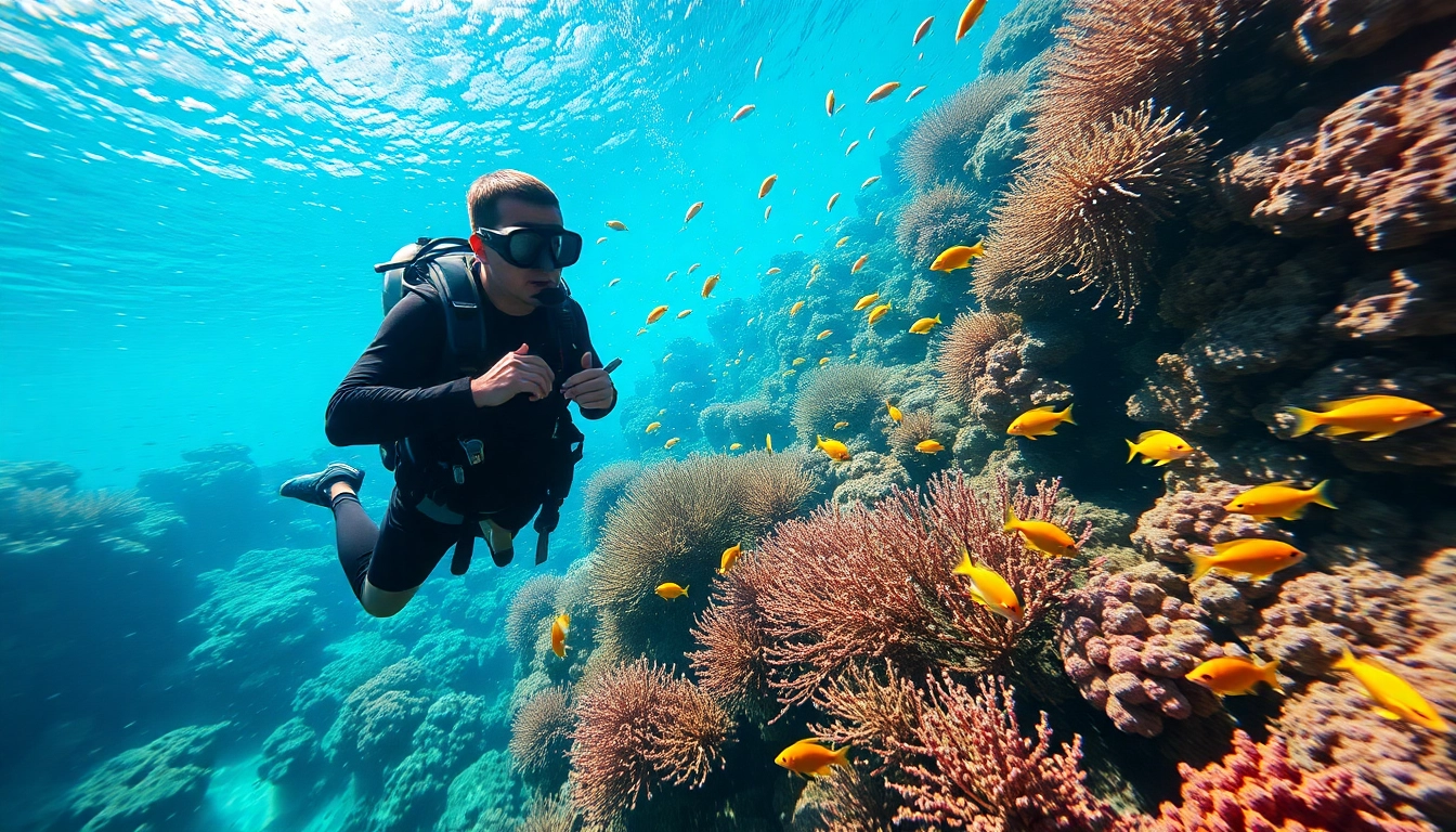 Tauchen Lernen: Scuba diver practicing skills amidst colorful coral reefs.