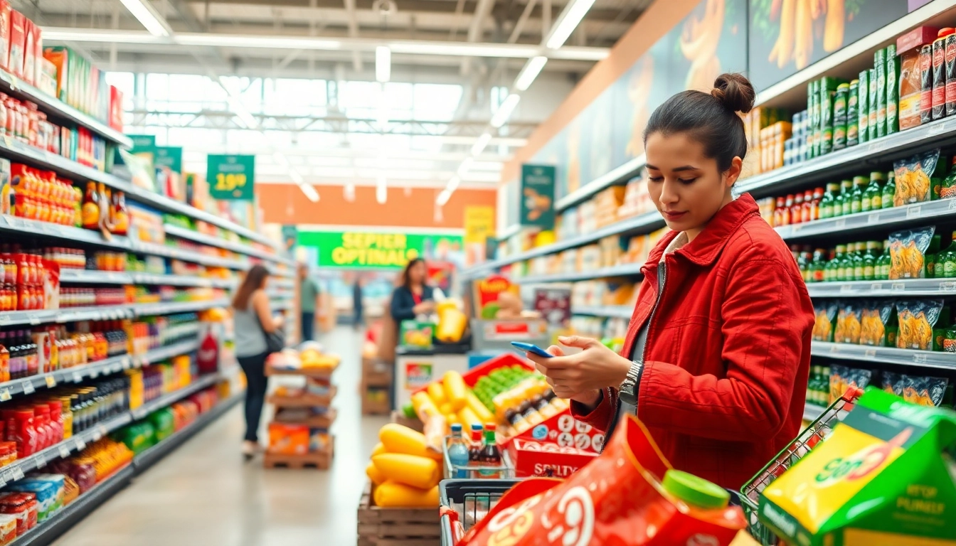 Explore modern trade in a lively supermarket with organized displays and engaged shoppers.