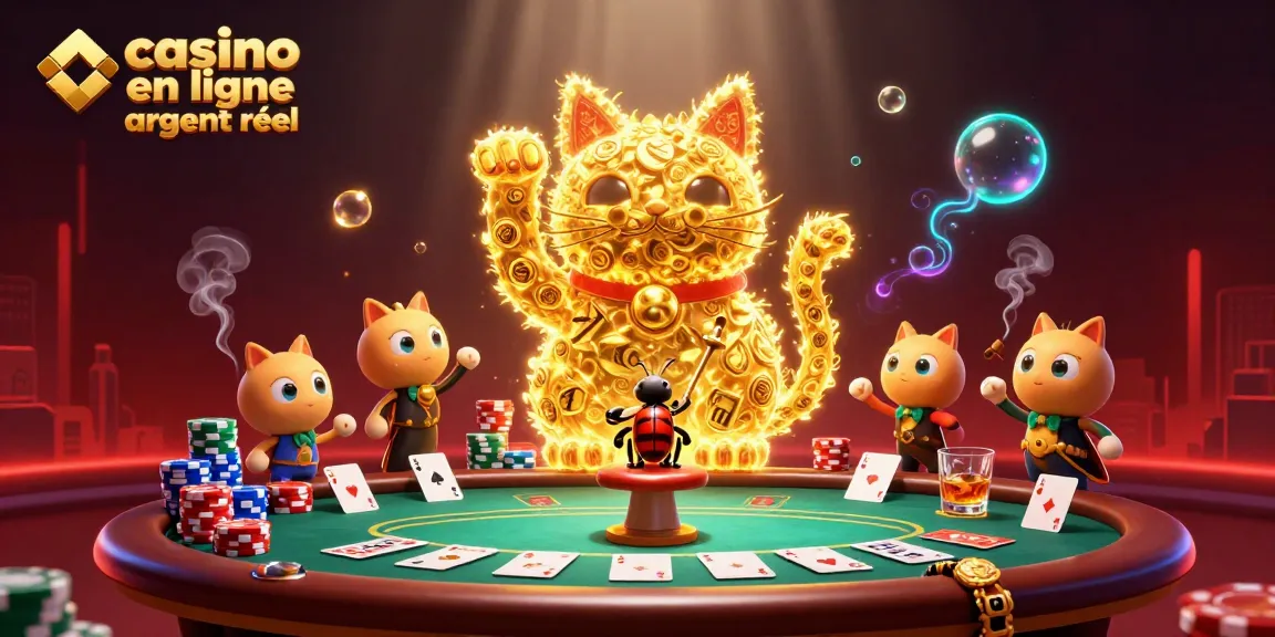 Le jeu captivant au casino en ligne argent réel, illustrant des lucioles dorées et un chat porte-bonheur.