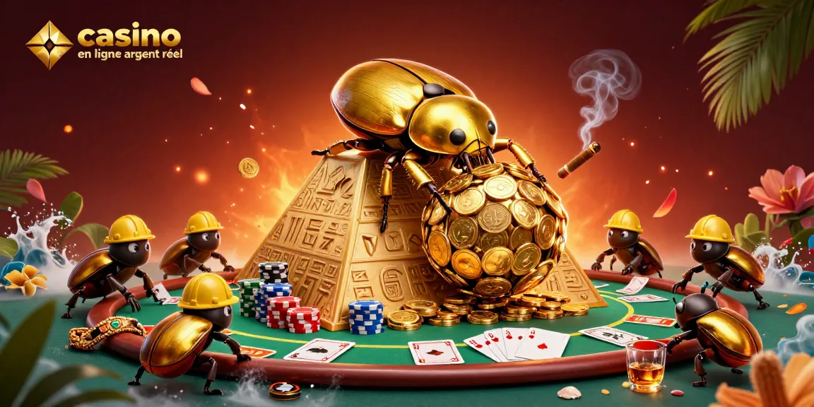 Illustration dynamique illustrant le casino en ligne argent réel avec des personnages de coccinelles dorées.