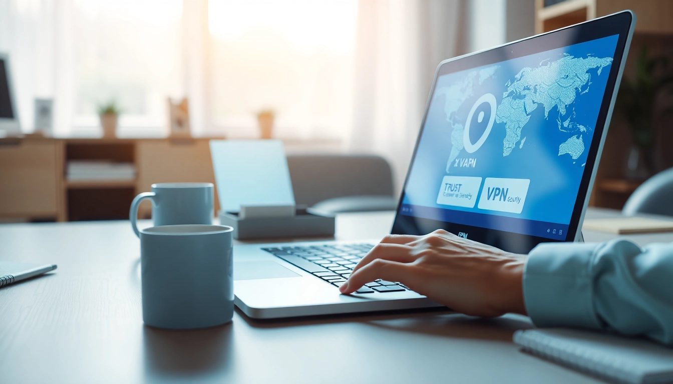 在现代工作空间环境中，笔记本上显示的快连 VPN 界面。