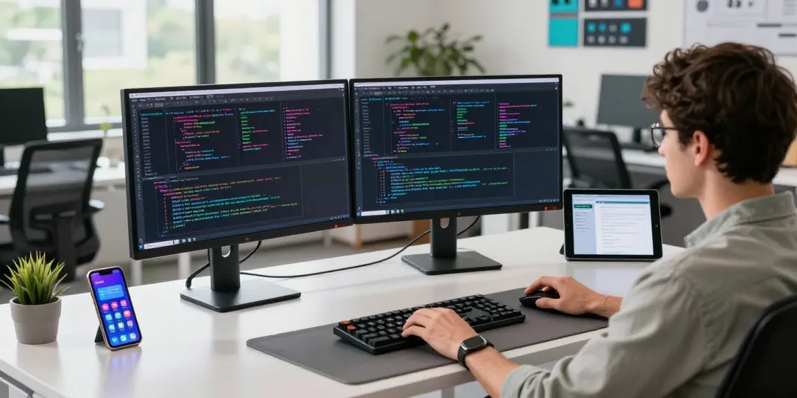 Developer coding at modern desk with WhatsApp下載 on screen in bright office.