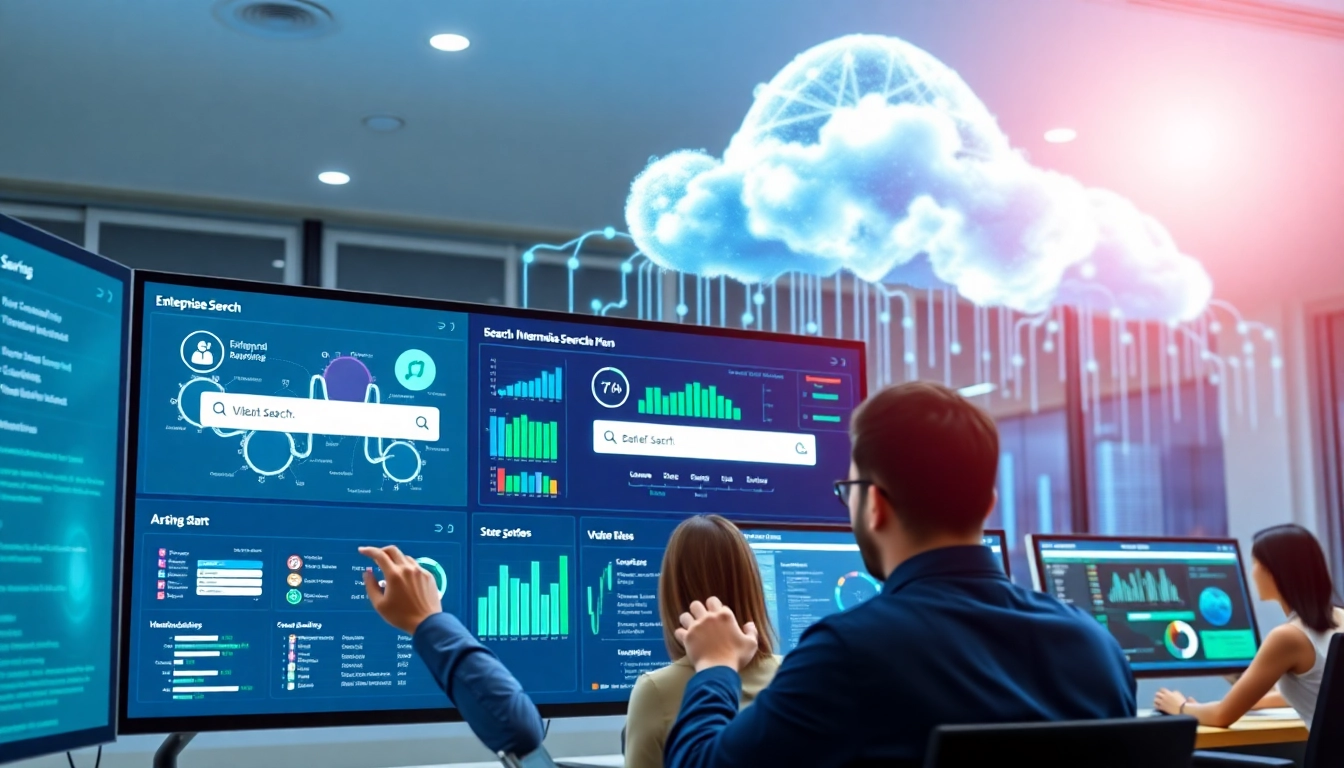 Showcasing an enterprise search engine interface with users engaged in data retrieval.