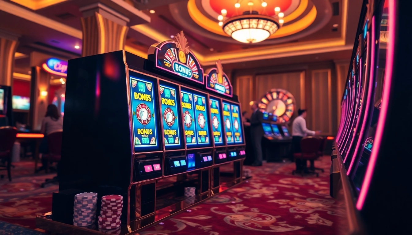 Exciting scene of a slot machine featuring a slot deposit 1000 option with poker chips and roulette in a casino.