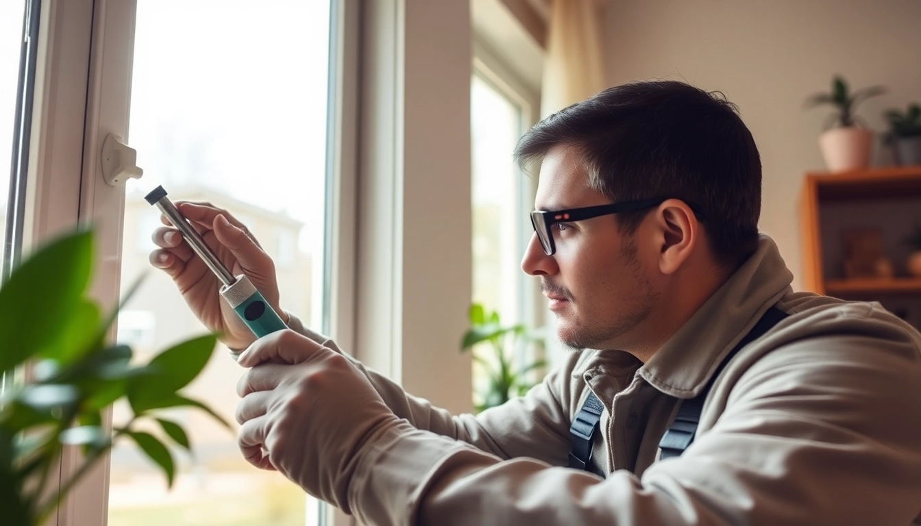 Annual pest inspection showing a technician examining a window frame for pests.