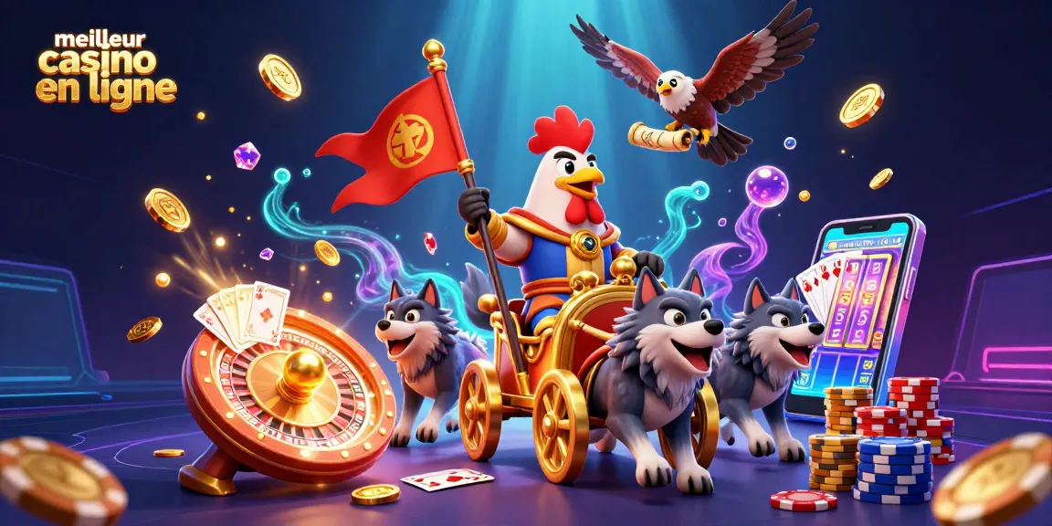 Illustration dynamique représentant le meilleur casino en ligne, avec un roi guerrier sur un chariot d'or.