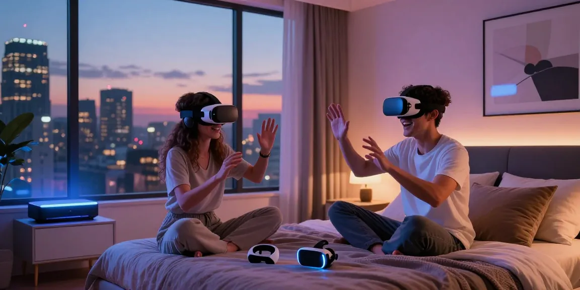 Couple enjoying AI porn experience with VR headsets in stylish bedroom.