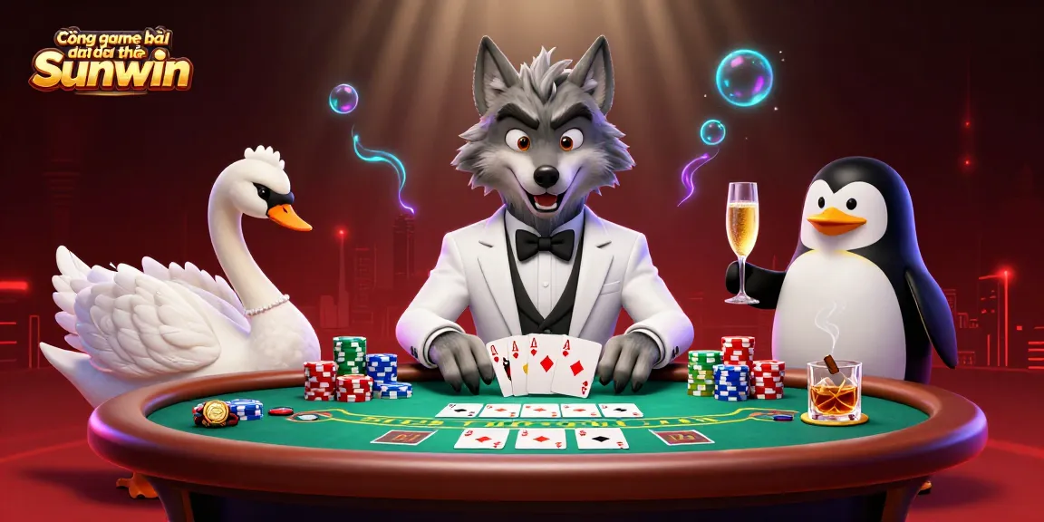 Cổng game bài đổi thưởng Sunwin illustrates elite gambling with a debonair wolf and elegant swan at a baccarat table, showcasing luxury.