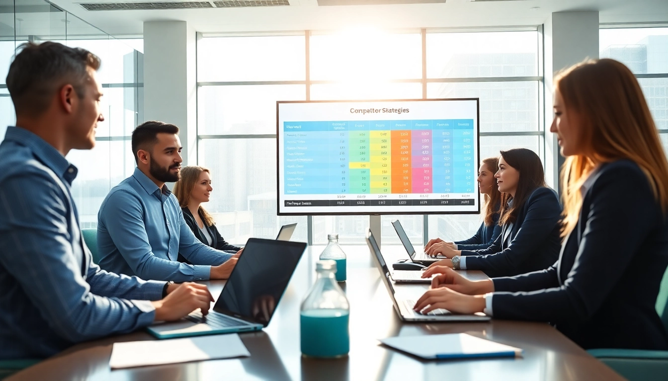 Professionals collaborating on competitor pricing strategies during a business meeting.