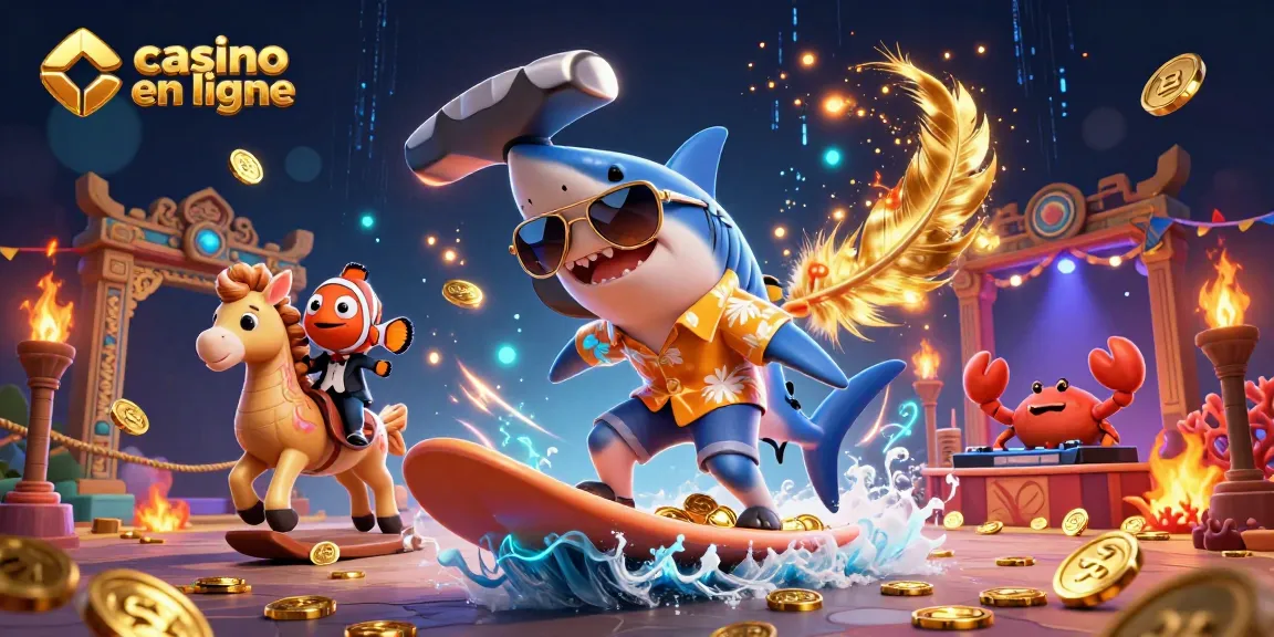 Actionner sur casino en ligne avec l'illustration d'un requin marteau en maillot hawaïen, surfant sur des pièces d'or.