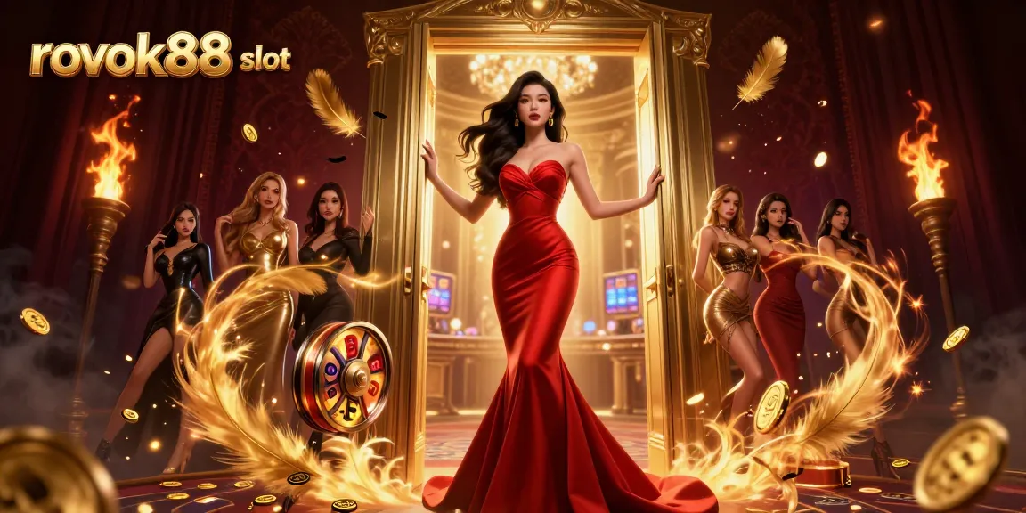 Spin the reels of rokok88 slot with a stunning woman at the casino entrance amid golden ambiance.