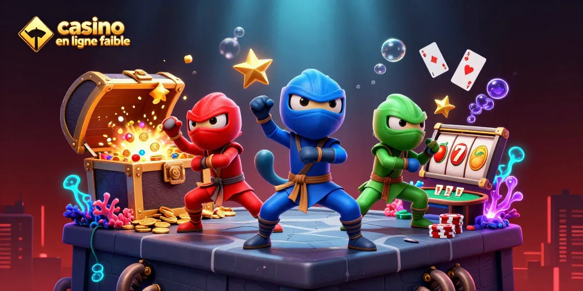 Illustration de trois caméléons ninjas colorés représentant le casino en ligne fiable dans un style dynamique.