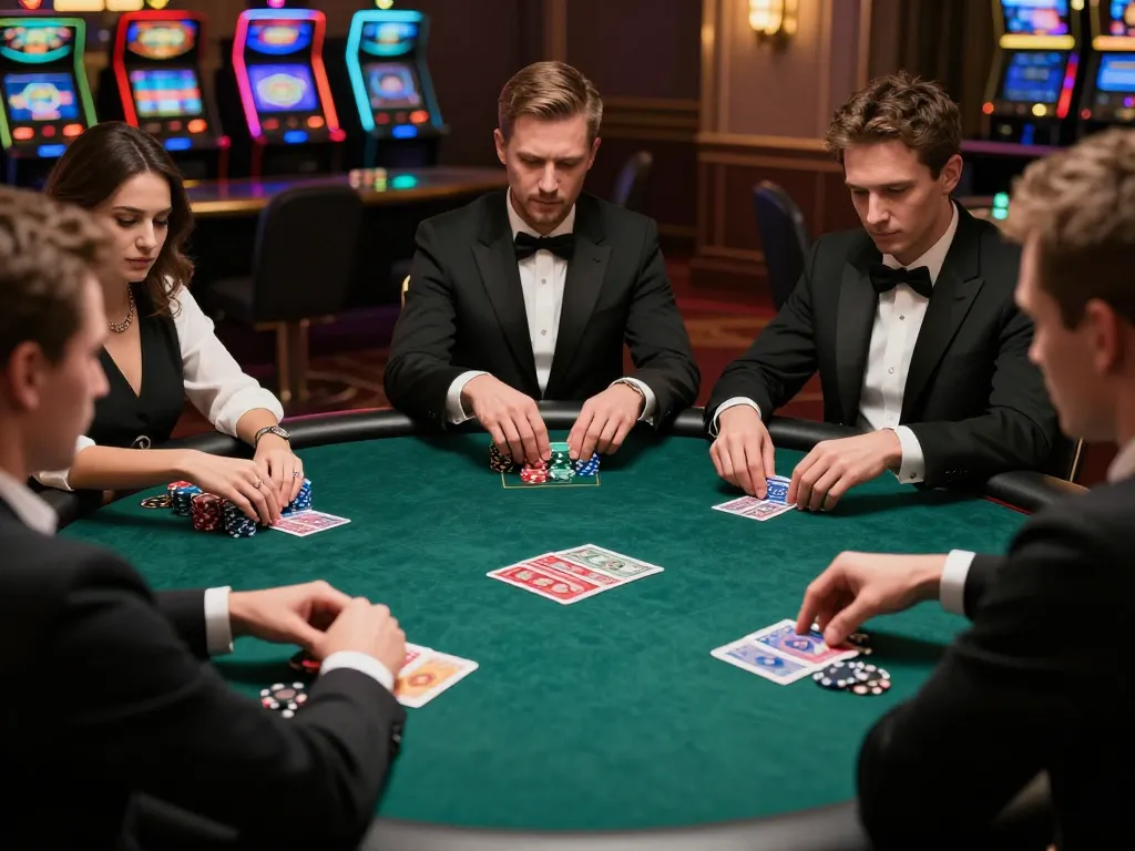 KKWIN poker players engaged in strategic gameplay at luxurious casino table.