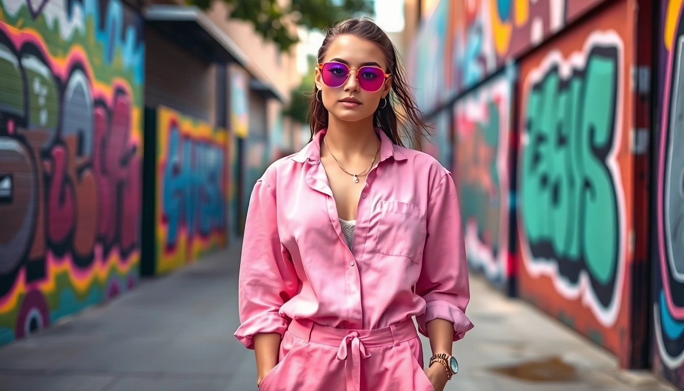 Fashion model displaying a trendy summer outfit against a vibrant urban backdrop.