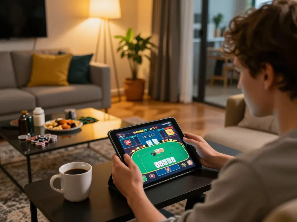 Engaging in online poker gameplay featuring uu88 okwin on a tablet in a cozy living room setting.