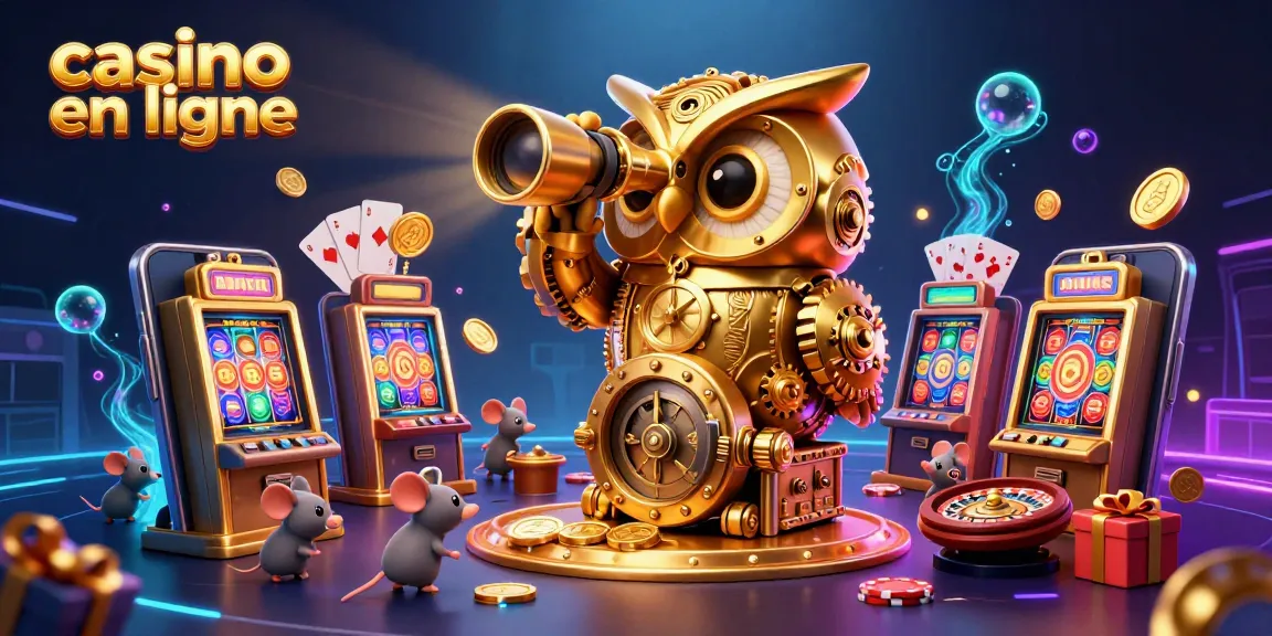 Jouez aux machines à sous dans un casino en ligne avec un hibou en or et des souris mécaniques.