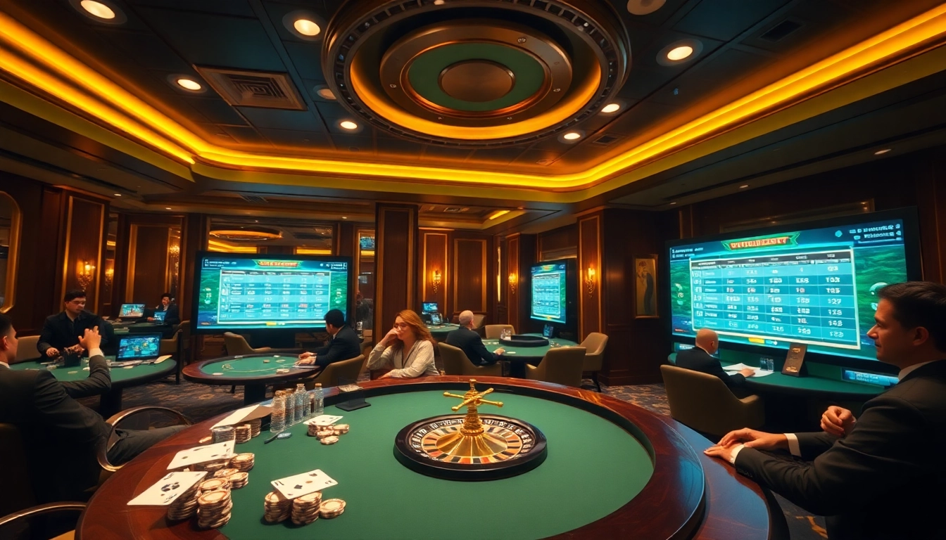 Pemain yang menikmati togel online di lingkungan kasino mewah dengan chip poker dan layar taruhan digital.